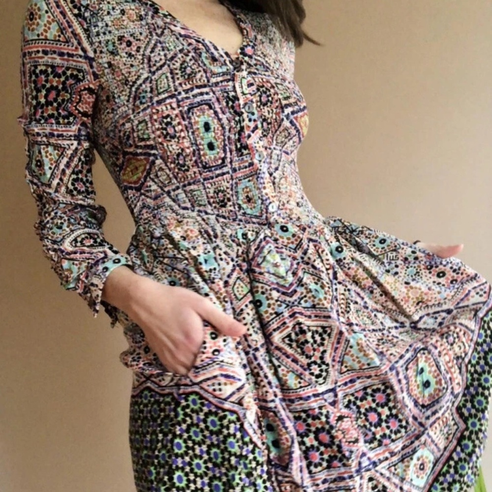 Maeve Anthropologie Smocked V-Neck Floral Tiled Long Sleeve Boho‎ Dress Sz Small